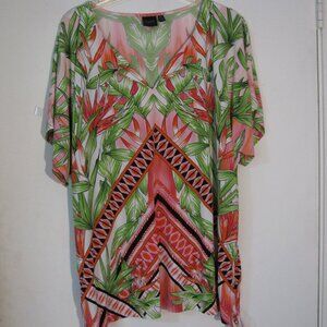 **Rafaella Tunic Blouse XL Pink Green Tropical Feel Lace Up Trim Beads
